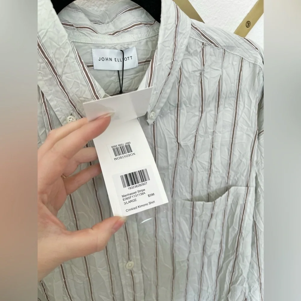 nwt JOHN ELLIOTT Men's Crinkled Tie Shirt in Manhasset Stripe Size Large